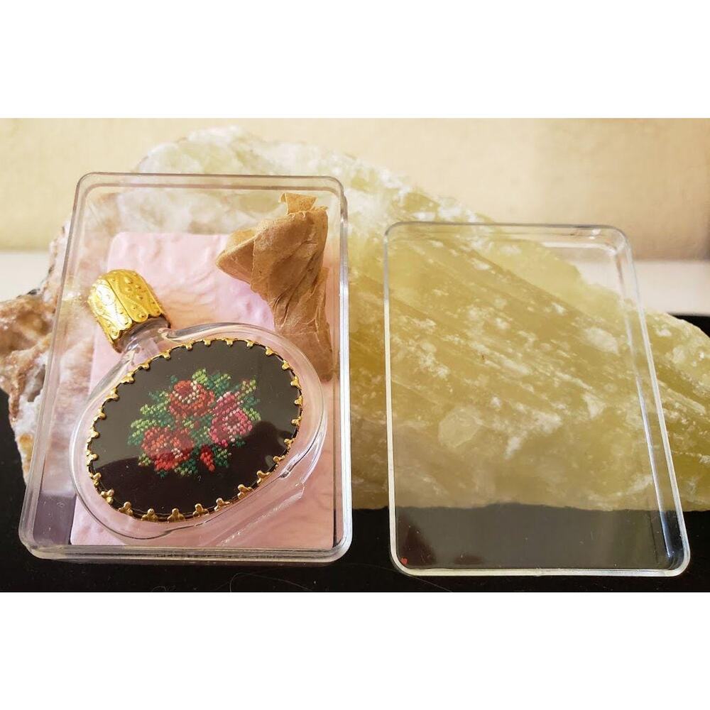 Vintage Petit Point Perfume Bottle in Original Box, Ormolu Filigree Top, Austria